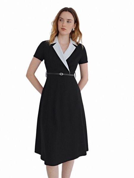 

casual dresses motf premium viscose contrast collar belted dress b6fz#, Black;gray