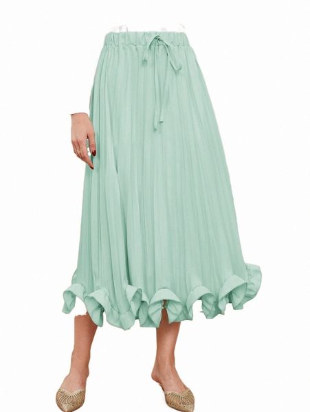 

skirts solid drawstring waist ruffle hem pleated skirt b5fn#, Black