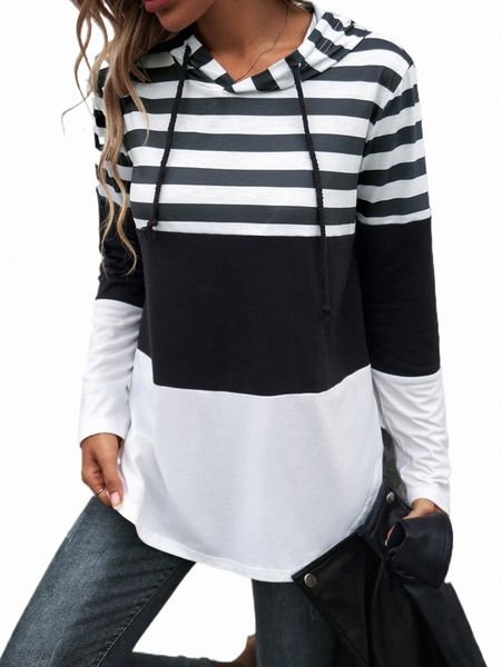 

women's hoodies & sweatshirts striped color block drawstring hoodie k10j#, Black