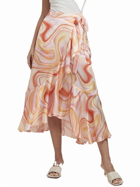 

skirts modely allover print ruffle trim wrap knot side skirt o3bh#, Black