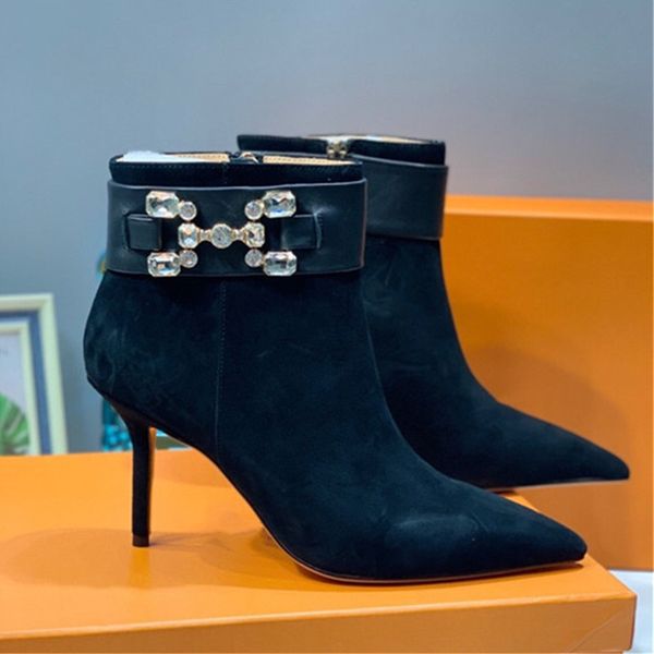 

the latest high-heeled ankle with gold buckle pointed toe stiletto womens boot size 34-39, Black