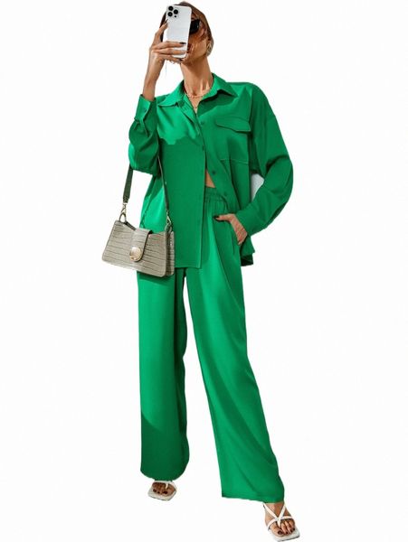 

two piece dress drop shoulder flap pocket shirt & wide leg pants s2ec#, White