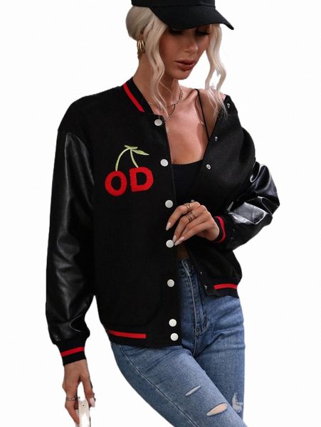 

women's jackets letter graphic striped trim drop shoulder bomber jacket v9uz#, Black;brown
