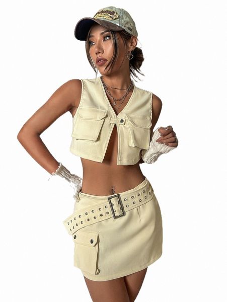 

two piece dress flap pocket crop tank & belted mini skirt 20jg#, White