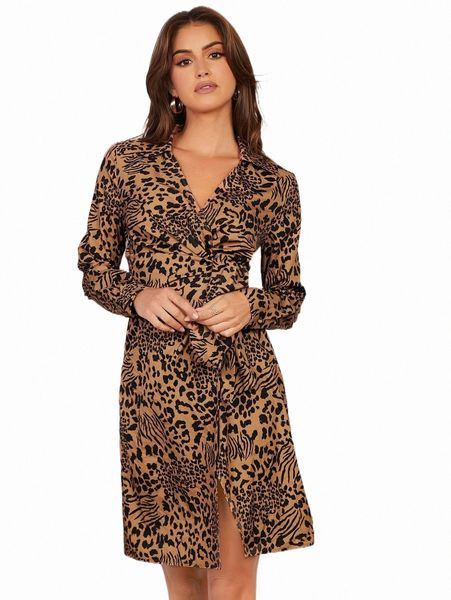 

casual dresses leopard print tie front split hem dress m4xq#, Black;gray