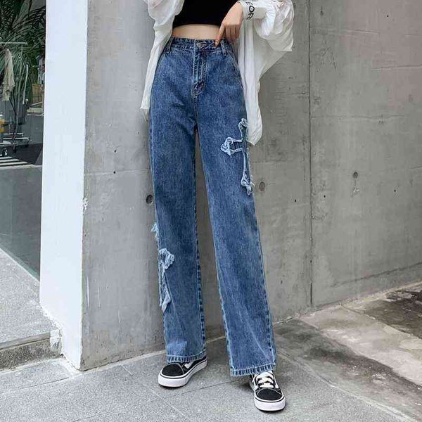 

women's jeans y2k cross applique jeans woman high waist korean fashion straight baggy pants streetwear wide leg jeans casual denim trou, Blue