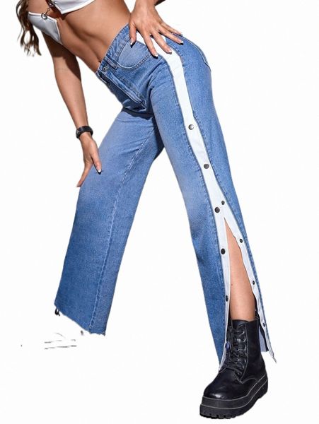 

women's jeans button contrast side seam raw hem straight leg jeans q0t7#, Blue