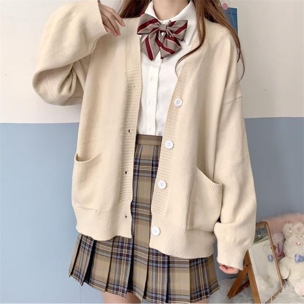 

women's knits tees houzhou japanese school basic sweaters women autumn kawaii solid v-neck loose knitted cardigan preppy style jk unifo, White