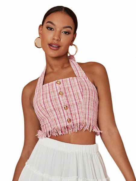 

women's tanks & camis plaid pattern raw trim backless tweed halter 71k3#, White