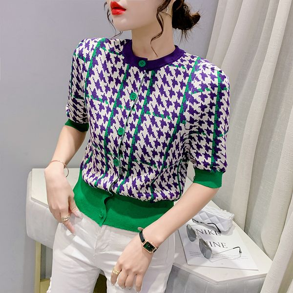 

korean vintage houndstooth summer sweater cardigan women 2022 new fashion elegant short sleeve femme knit outwear pull femme, White;black