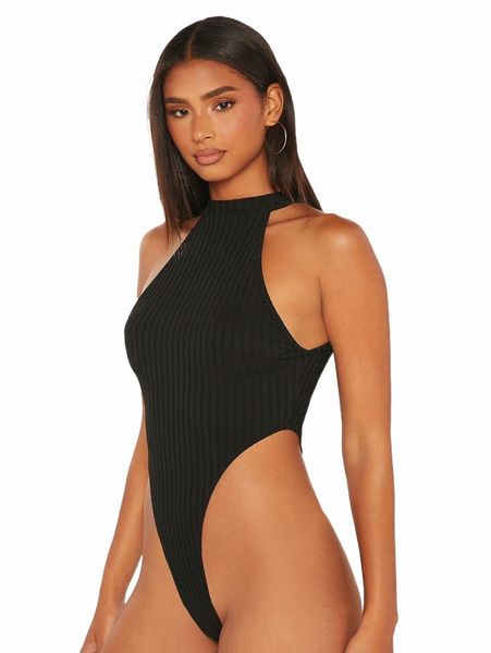 

women's t-shirt tall ribbed knit high cut halter bodysuit q5ly#, White