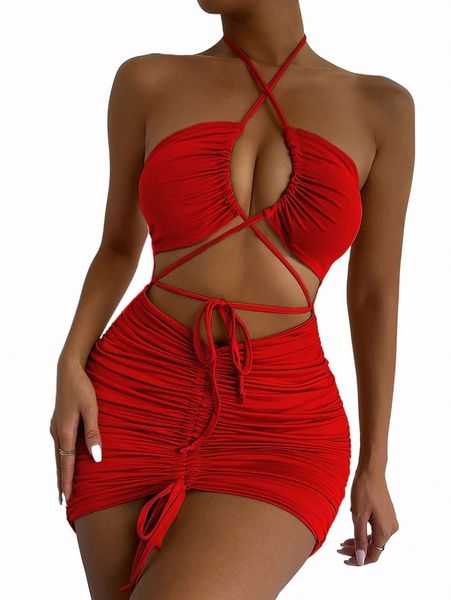 

casual dresses lace up front drawstring ruched front halter dress r7rj#, Black;gray