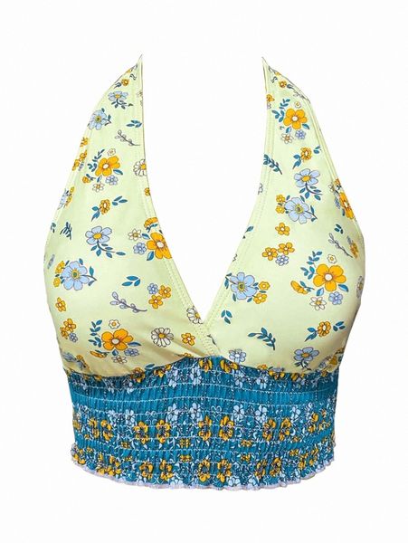 

women's swimwear random floral print smocked halter bikini y3xq#, White;black