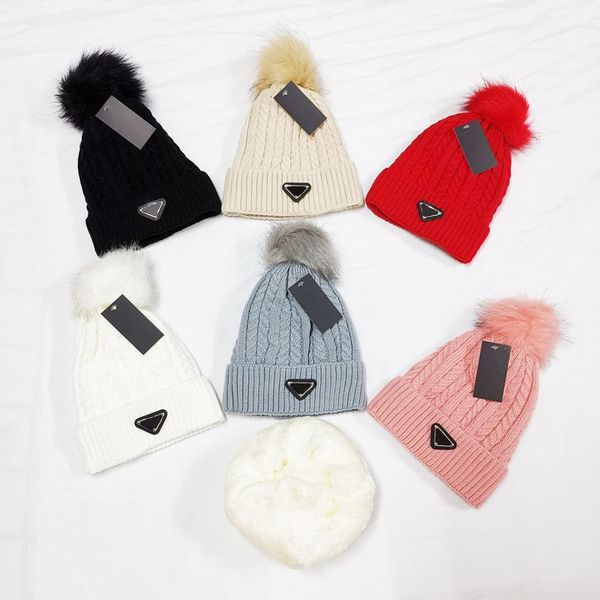 

designer beanie caps bobble hats warm cashmere faux fur pom beanies cap good texture hat for man woman 6 colors, Blue;gray
