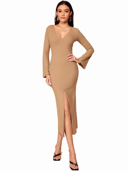 

casual dresses x xclusive habit split hem rib-knit bodycon dress m5gu#, Black;gray