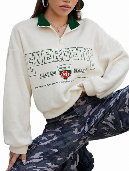 

women's hoodies & sweatshirts letter graphic contrast polo neck drop shoulder sweatshirt g8rq#, Black