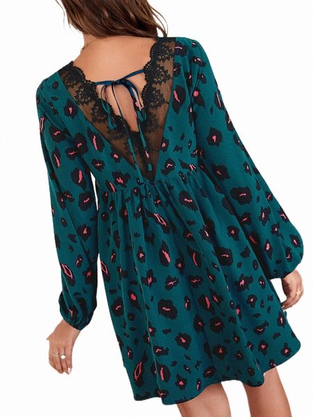 

casual dresses allover print contrast lace tie back smock dress 03o3#, Black;gray