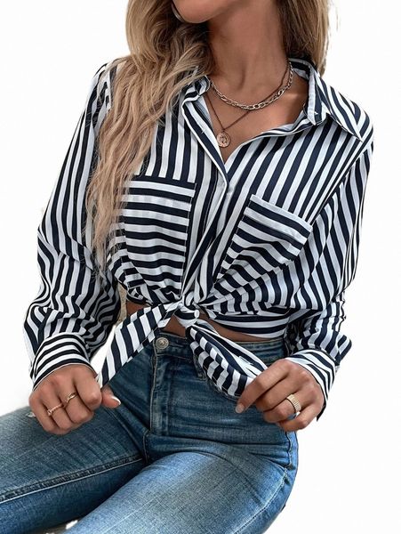 

women's blouses & shirts striped pocket patched shirt x7ff#, White