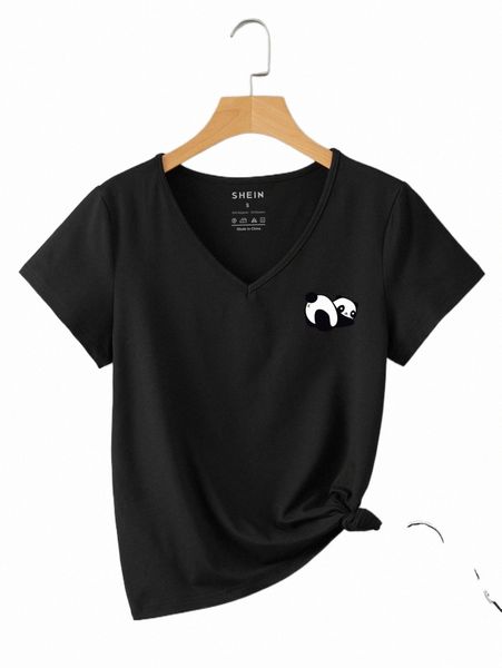 

women's t-shirt panda print v neck tee 2022 new z9n7#, White