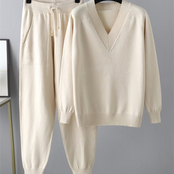 

autumn winter harem pants casual tracksuit sweater two outifits pullover 2 piece sets womens outfits 220906, White