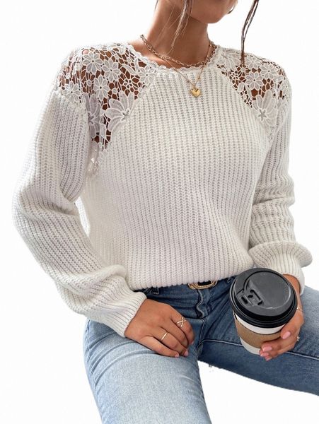 

women's sweaters solid contrast guipure lace sweater u7yy#, White;black