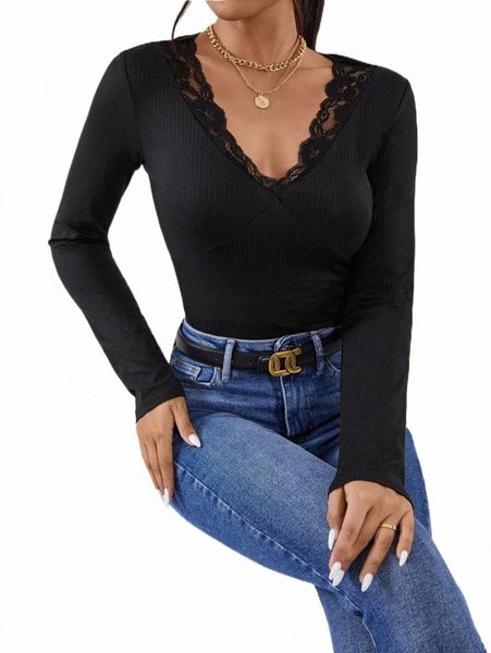 

women's t-shirt lace trim ribbed knit tee 2022 new 54zx#, White