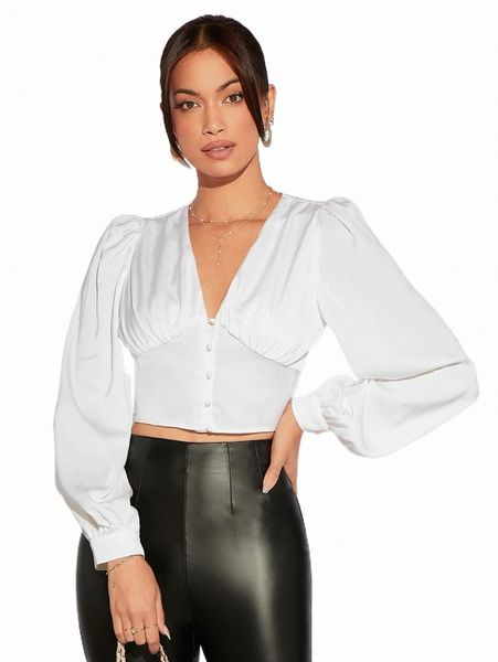 

women's blouses & shirts lantern sleeve crop satin blouse l57c#, White
