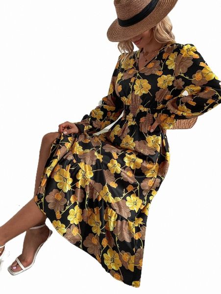 

casual dresses allover floral print shirred waist dress h2ak#, Black;gray