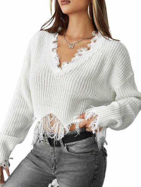 

women's sweaters distressed trim drop shoulder crop sweater q9qw#, White;black