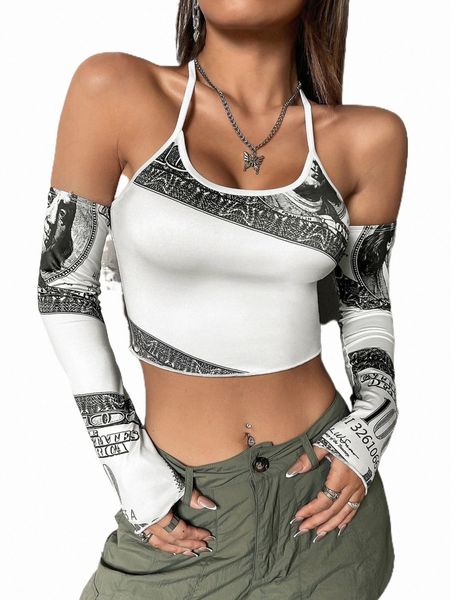 

women's t-shirt dollar print halter neck crop 20ia#, White