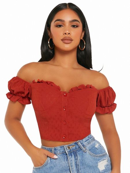 

women's blouses & shirts petite off shoulder frill trim crop blouse o8sn#, White