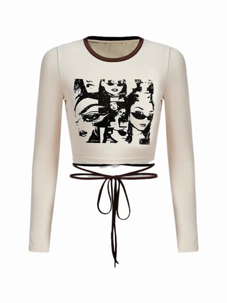 

women's t-shirt grunge figure graphic contrast binding crop tee y2ty#, White