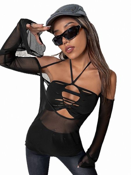 

two piece dress cut out crop halter & bell sleeve mesh t2sf#, White