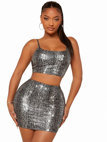 

two piece dress sxy metallic crop cami & bodycon skirt set j9fd#, White