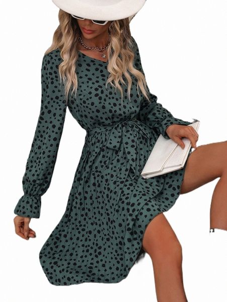

casual dresses allover print flounce sleeve belted dress x6ho#, Black;gray