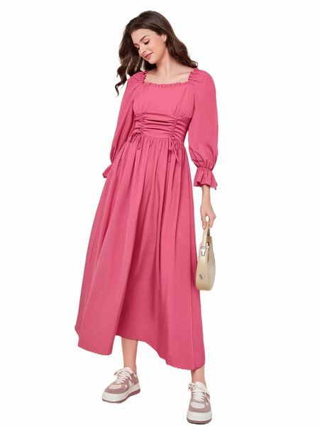 

casual dresses solid drawstring front flounce sleeve dress 58tu#, Black;gray