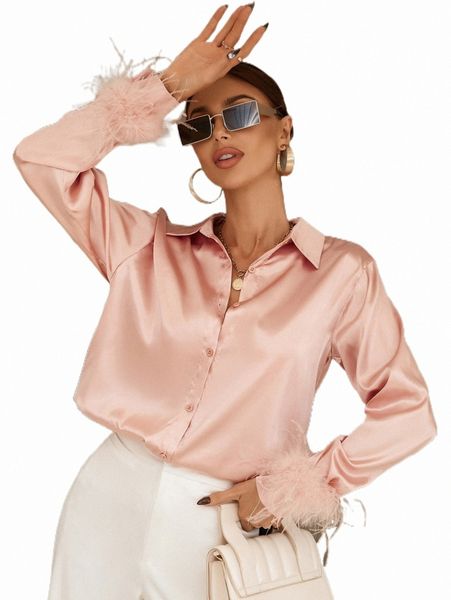 

women's blouses & shirts fuzzy cuff satin shirt g3lc#, White
