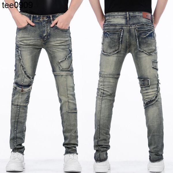 

jeans washing water old blue cow hole patch patching skinny slim elastic legged jeans