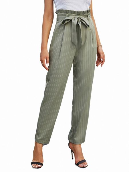 

women's pants & capris paperbag waist striped belted pants v9o2#, Black;white