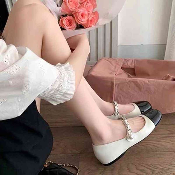 

dress shoes the same black and white mary jane shoes of miu family pearl chain round head ballet in spring flat sole single women