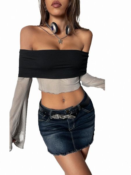 

women's t-shirt two tone off shoulder bell sleeve crop mesh v4vk#, White