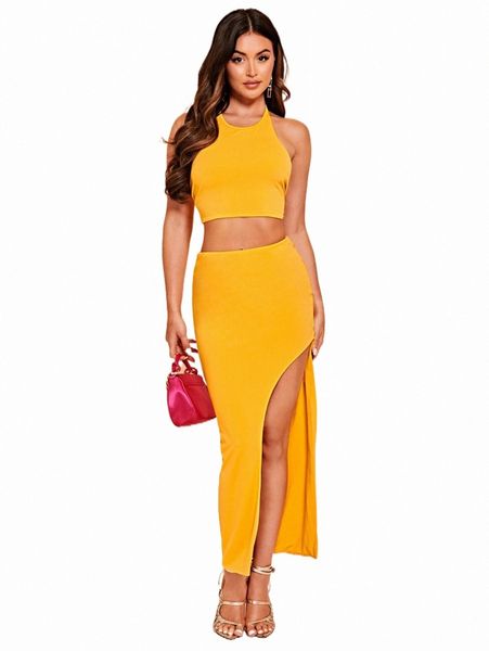 

two piece dress bae solid crop tank & split thigh skirt set q6zi#, White