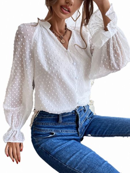 

women's blouses & shirts swiss dot flounce sleeve popover chiffon blouse u4um#, White