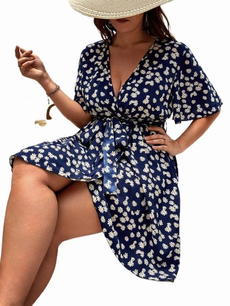 

plus size dresses plus ditsy floral print belted dress g5ed#, Black