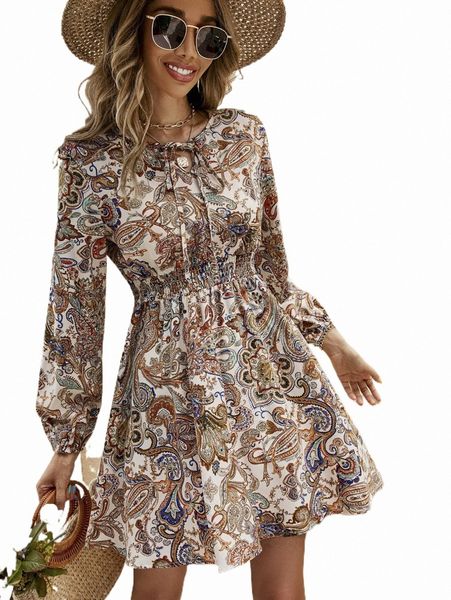 

casual dresses paisley print tie neck shirred waist a-line dress j3at#, Black;gray