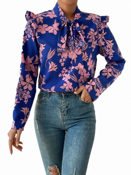 

women's blouses & shirts floral print tie neck ruffle trim blouse c4ba#, White