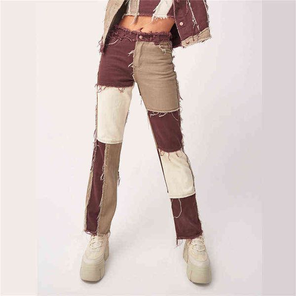 

women's jeans patchwork high waist straight denim pants women autumn casual skinny ripped jeans capris pocket long trousers ladies stre, Blue