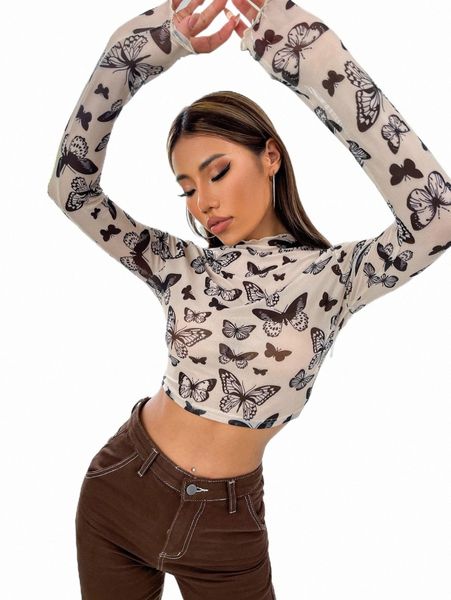 

women's t-shirt butterfly print lettuce trim q31f#, White