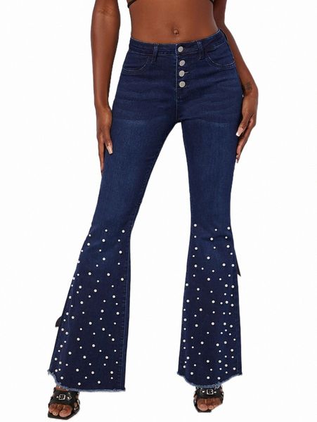 

women's jeans high waisted dark wash pearl embellished flared leg jeans m1gr#, Blue
