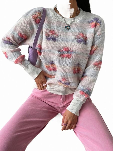 

women's sweaters floral pattern drop shoulder sweater 65ax#, White;black